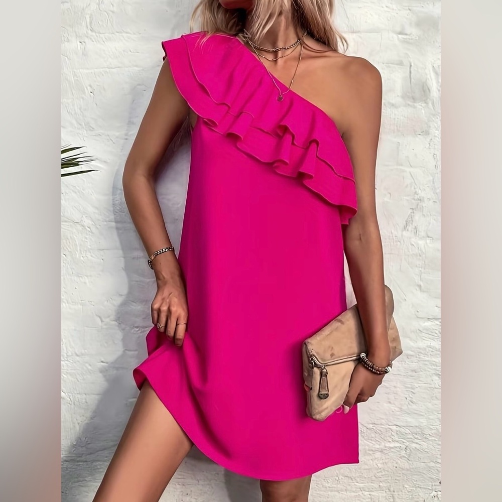 Plain hot pink exaggerated ruffle tiered layered mini dress